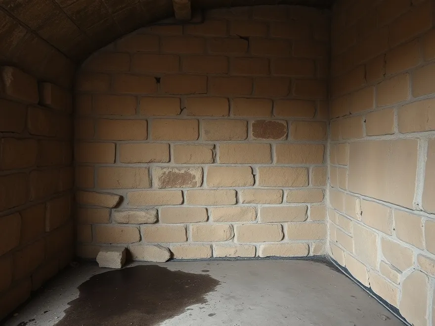 Older sandstone block basement wall with deteriorated mortar joints